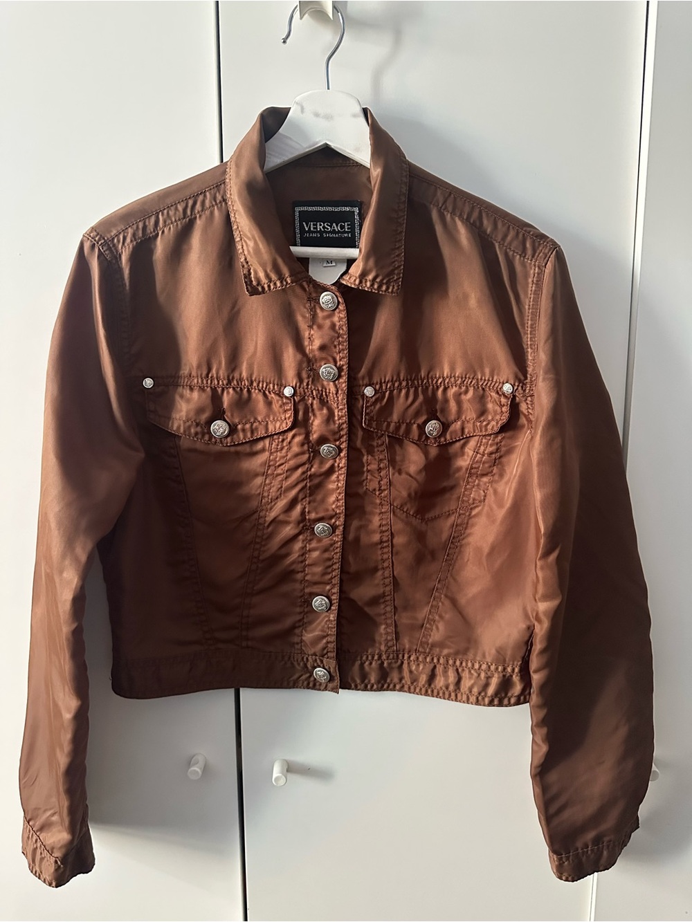Versace Brown Cropped Jean Jacket with Silver Buttons